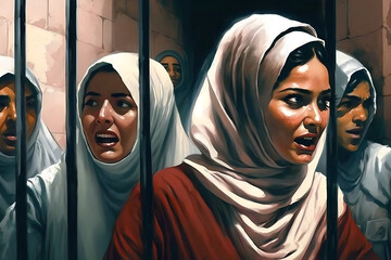 Brave iranian or muslim women behind bars in prison or detention, tortured and scared, for fighting for their human rights, screaming and yelling for justice for women in the arab and muslim world