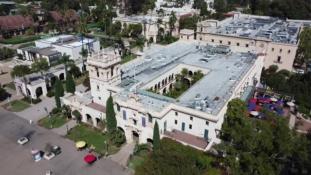 aerial drone footage in a spring season of the balboa park in san diego city california, historical hispanic site in usa, united states of america, latin heritage
