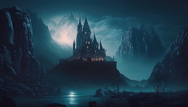 Majestic castle stands in eerie darkness, surrounded by ominous shadows