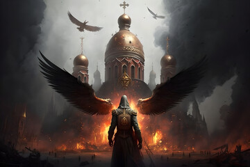 An angel of revenge and fury from ukraine comes to burn down the kremlin and red square, take down moscow, putin and his gang, stop the killing religious, strong, anger at the cruelty of the russians