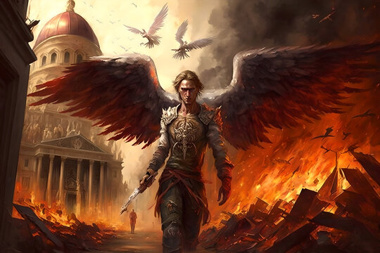 An angel of revenge and fury from ukraine comes to burn down the kremlin and red square, take down moscow, putin and his gang, stop the killing religious, strong, anger at the cruelty of the russians