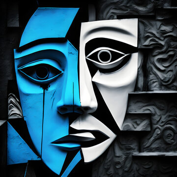 foto abstracta de duas caras em tons de azul e branco , inigm&aacute;tica e coms muitos detalhes