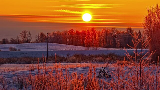 Time-lapse of yellow sun rising in golden sky over snowy landscape at sunrise