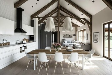 The brand new gourmet kitchen and dining area are simply breathtaking. The open kitchen, dining area, and living room are especially lovely thanks to the wood beam ceiling and the chic pendant lights