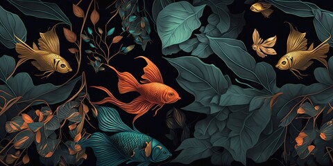 Goldfish among green seaweed in a river, undersea world, dark oriental style. Digital horizontal illustration with fishes underwater as wallpaper or background.