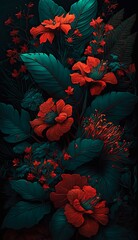 Red flowers, dark style, digital vertical illustration. Summer composition of bright red flowers and fresh green leaves as phone wallpaper or background.