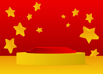 Futuristic red and yellow stage showcase. Sci-fi pedestal podium for presentation. Abstract mockup realistic vector product display. Minimal geometric forms, cylinder with empty scene.