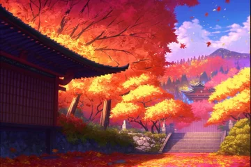 Tuinposter 秋 紅葉 日本 京都 神社 自然 風景 イラスト 観光地 © GINGER_Tsukahara