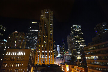 Fototapeta na wymiar The Chicago skyline at night with a rich dark sky and lighted tall skyscraper buildings