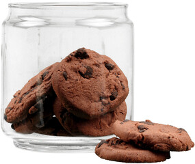 Cookies with chocolate in jar on light background