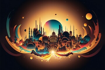 AI generated 3D render of an abstract surreal Islamic art and architecture town with isometric design. Perfect for islamic artistic and imaginative visualizations.