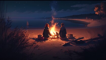 Couple relaxing by bonfire on shore in illustrated scene