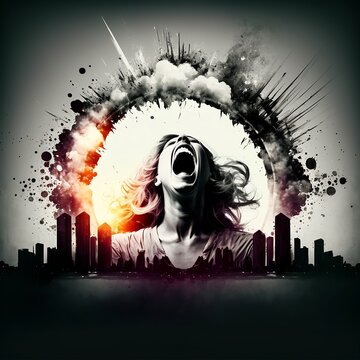 AI generated abstract poster of a woman screaming with a war zone cityscape. Perfect for art and activism related designs.