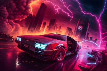 DeLorean traveling back in time | Back to the Future inspired Ai Generated wallpaper/background | - obrazy, fototapety, plakaty
