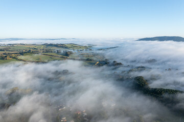 Morning fog over farmland