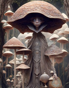 mystical shroom being in mushrooms in the forest