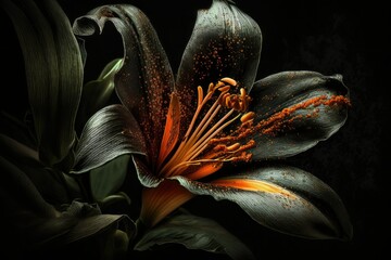 Beautiful lily in orange and black. Full, resounding tones. The abstract scenery of nature. a photograph of a static scene. Contrasting bright flower and somber background. Generative AI