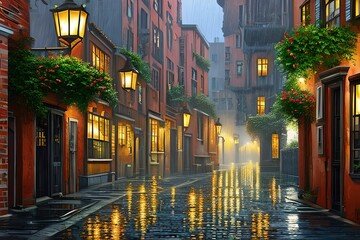 Fototapeta na wymiar Full Highly detailed painting Illustration of beautiful alley when it rains