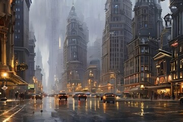 Fototapeta na wymiar Full Highly detailed painting Illustration of beautiful cinematic city when it rains