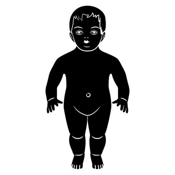 Antique baby doll as a nude little boy. Black and white negative silhouette.