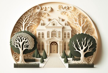 grand mansion with a grand entrance, made with generative ai, vector style, flat, illustration, cartoon, line