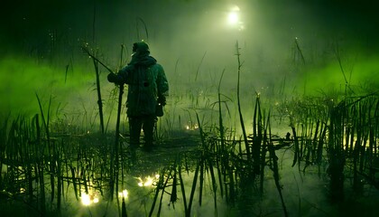 green light in swamp created using AI Generative Technology - obrazy, fototapety, plakaty