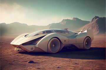 Fototapeta na wymiar futuristic car in the desert with mountains in the background. generative ai.