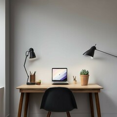 desk with laptop and lamp