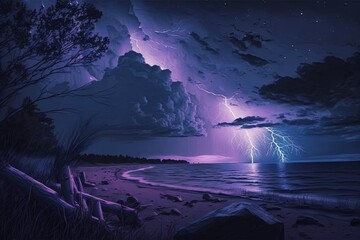 Evening lightning above the Michigan shore of Lake Michigan, close to Hart. Generative AI