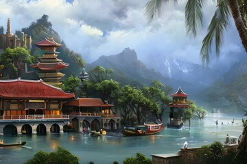 Obraz premium Full Highly detailed painting Illustration of beautiful travel place when it rains