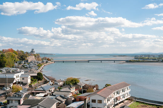Panoramic view of Kitsuki castle town and sea in Oita, Japan