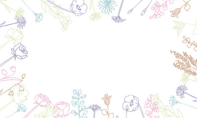 手描きの植物ベクターイラスト。パステルカラーの植物線画イラスト。春のナチュラル植物挿絵。Hand drawn vector illustration of plants. Pastel color plant line drawing illustration frame. Spring natural plant illustration.