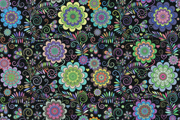 Vector colorful motley seamless pattern with vintage flowers