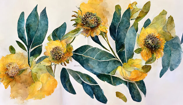 Exceptional Sunflower and eucalyptus leaves bouquet watercolor, digital illustration painting artwork. Generative Ai