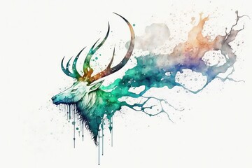 Painted Mystical Elk, Running Colors Deer with Antlers, Magical Spirit Stag, Watercolor Painting Style [AI Generative]