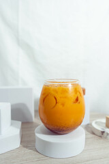 fresh tropical fruit smoothie mango juice on white background.