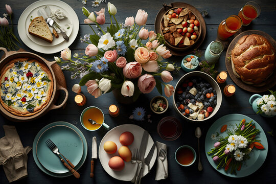 Easter brunch with a festive spread of food, generative AI