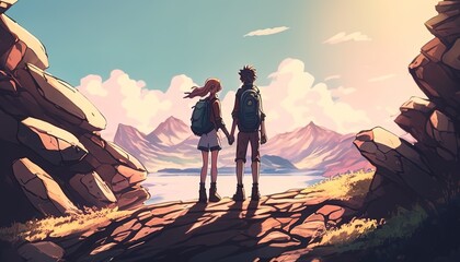 Obraz premium Happy couple exploring scenic trail, surrounded by majestic mountains