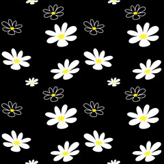 Seamless pattern with white daisies on black color.