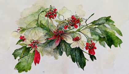 Watercolor christmas flower arrangement red flower plant. hand drawn winter bouquets. Generative Ai