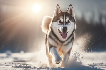 The Heartwarming Sight of a Husky Dog Running Through the Snowy Meadows Generative AI