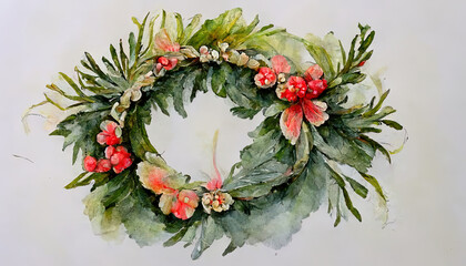 Beautiful floral christmas wreath with hand drawn watercolor winter flowers such as red poinsettia and holly branch. Generative Ai