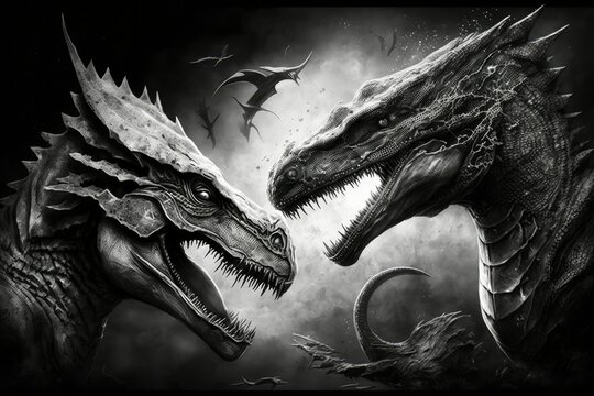 depiction of a fight between two dinosaurs. Generative AI