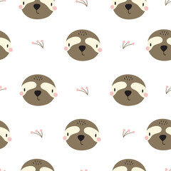 Seamless pattern with sweet sloth and floral elements. Vector hand drawn illustration.