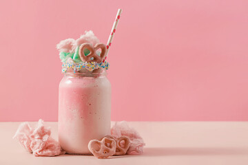 Delicious sweet strawberry milkshake in a glass jar, topped with a cotton candy