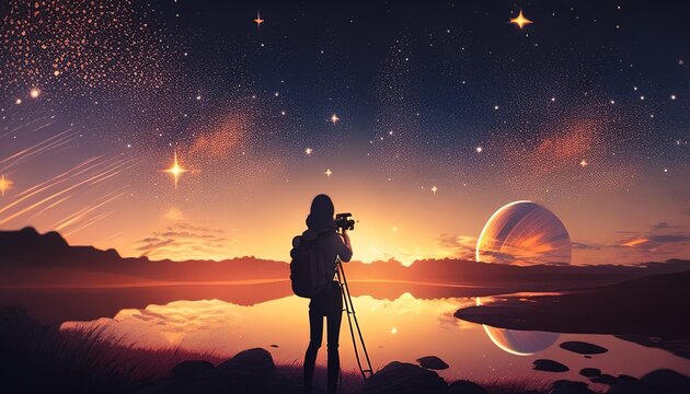 Talented photographer capturing stunning star scape, under clear night sky