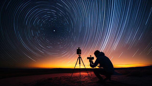 Talented photographer capturing stunning star scape, under clear night sky