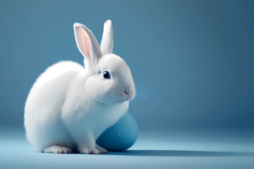 Obraz premium white rabbit on blue background, studio shot, easter bunny, year of the rabbit, cute small mini fluffy, furry rabbit with blue easter egg
