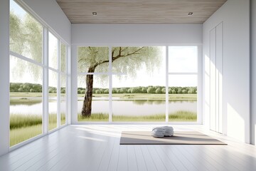 Clean and calm yoga studio with beautiful nature view. Interior design. Generative AI