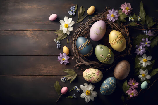 easter eggs and flowers, painted and decorated eggs in a nest
